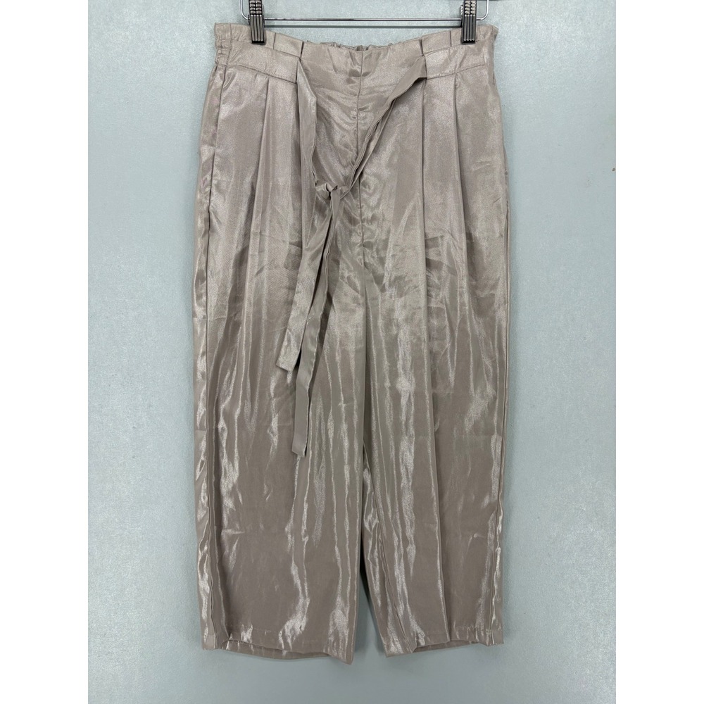 Zara Women Pants Metallic Silver Pleated Paperbag Waist Culottes S - Picture 2 of 4